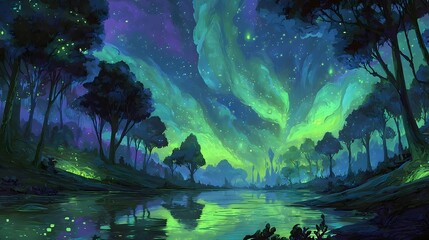 A glowing green and blue aurora dances across the night sky above a tranquil forest river.