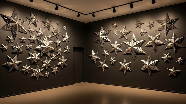 A collection of silver star sculptures adorns two adjacent walls in a modern art gallery under track lighting, creating a constellation effect.