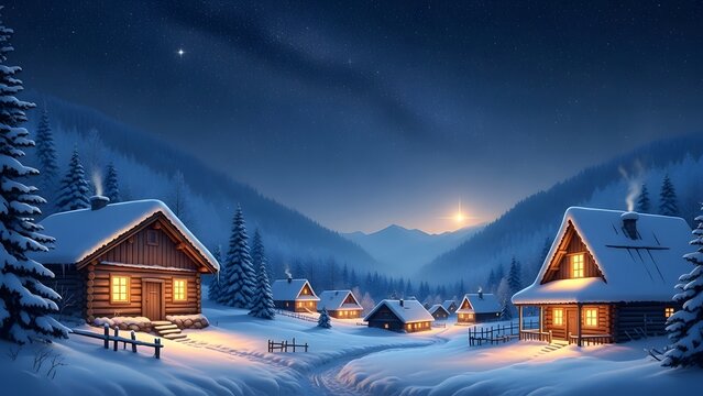 Cozy wooden cabins nestled in a snowy mountain valley under a brilliant starry night sky with warm light glowing from windows