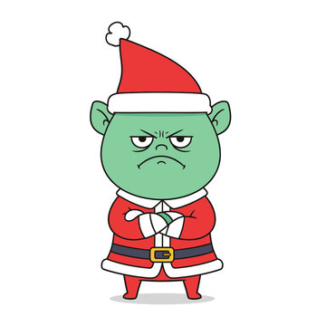 Grumpy green christmas character glaring with folded arms displaying holiday discord