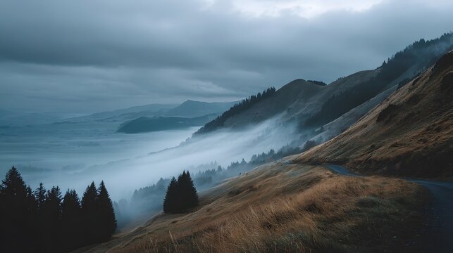A misty valley stretches between dark, forested hills under a cloudy, moody sky. - Powered by Adobe