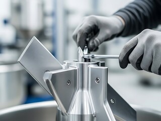 Worker's gloved hands tightening a metallic machine component with a wrench in a modern industrial factory