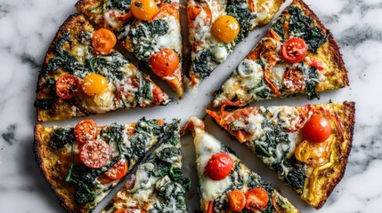 Delicious vegetable pizza topped with vibrant cherry tomatoes, leafy greens, and gooey melted cheese arranged on a marble countertop for an inviting display