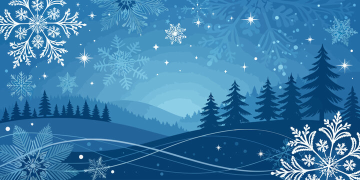 Vector christmas a serene winter landscape featuring snowflakes, pine trees, and gentle hills under a soft blue sky effect