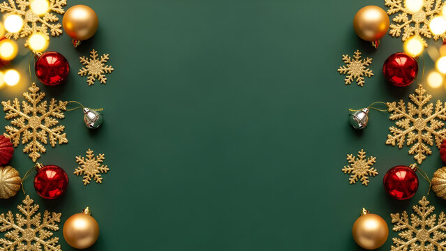 Festive christmas border with ornaments and lights on dark green background