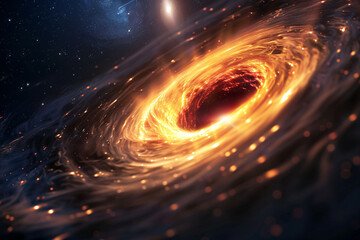 Supermassive black hole with swirling accretion disk in deep space background.