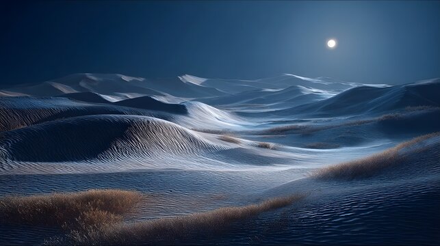 The moonlit sand dunes gently ripple across a quiet desert landscape.