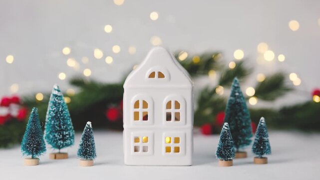 White ceramic house and small pine trees decorate with warm bokeh lights and evergreen branches