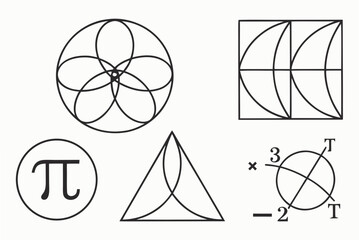 Black and white illustration of geometric shapes and mathematical symbols geometry