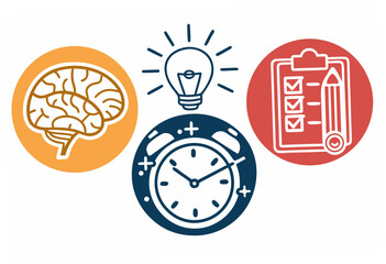 Brainstorming and Productivity Concept with Brain Lightbulb Clock and Checklist vector
