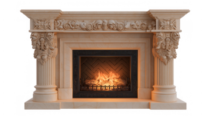Ornate marble fireplace with a cozy flame, created AI, PNG