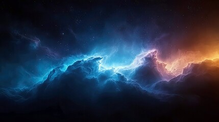 An abstract image of a nebula in space with vibrant blue, orange, and purple colors, creating a cosmic and ethereal atmosphere.