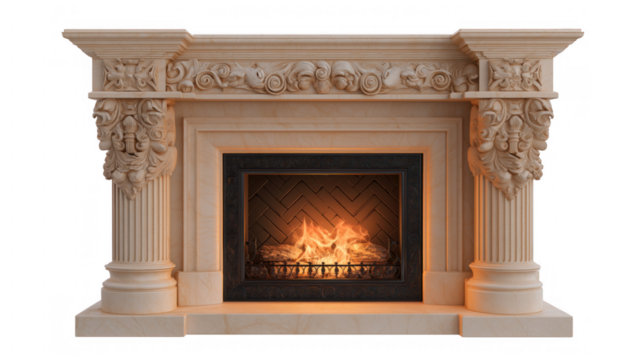 Ornate marble fireplace with a cozy flame, created AI, PNG