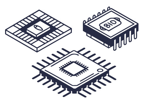 Three isometric electronic microchip processors on white background computer chip