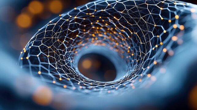 An abstract digital artwork featuring a network tunnel constructed from interconnected lines and glowing nodes, suggesting data flow and connectivity.