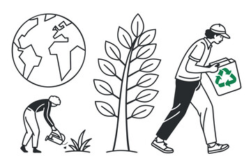 Earth Care and Recycling Concept Icons with People and Nature Keywords: earth, globe, tree, planting