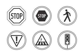 Collection of Six Black and White Traffic and Pedestrian Signs Keywords: traffic sign, stop sign
