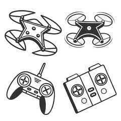 Set of black and white icons representing drones and remote controllers quadcopter