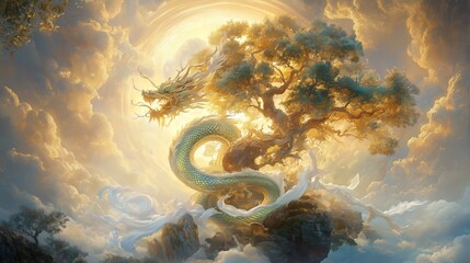 Majestic dragon encircling ancient tree enchanted forest fantasy art dreamy atmosphere high angle nature symbolism