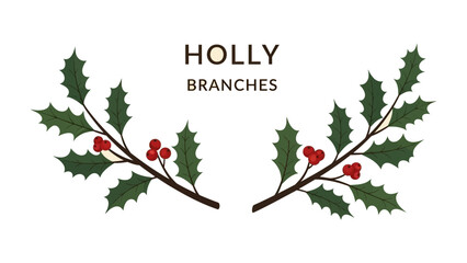 Fototapeta premium Festive Holly Branches: An illustration of symmetrical holly branches arranged to showcase vibrant green leaves and bright red berries, a classic symbol of the winter holidays.