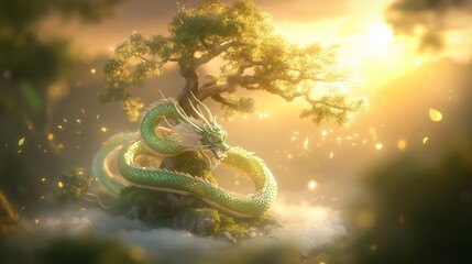 Majestic dragon coiled around bonsai tree serene landscape digital art tranquil environment ethereal viewpoint
