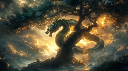 Majestic dragon emerges from ancient tree enchanted forest digital art fantasy dramatic lighting