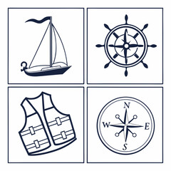 Nautical icons in a grid including sailboat ship wheel life vest and compass Keywords: sailboat, boat