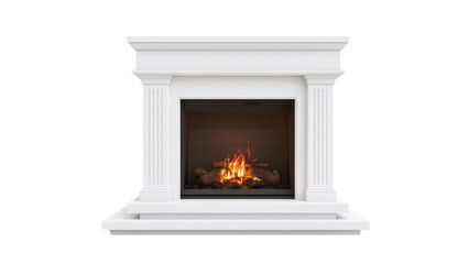 Inviting modern white fireplace with warm fire, created AI, PNG