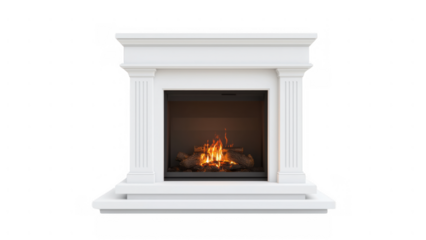 Inviting modern white fireplace with warm fire, created AI, PNG