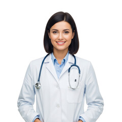 Fototapeta premium A smiling female medical professional wearing a white lab coat and stethoscope isolated on transparent background