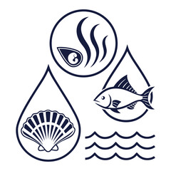 Marine life and water drop icons with wavy lines fish seashell