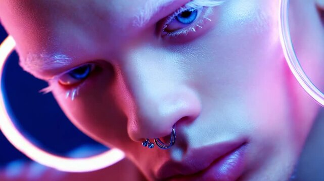 Close-Up Portrait of a Model with Dramatic Makeup and Neon Accessories, Showcasing Unique Features and Alternative Style, Captivating and Bold Visual Aesthetics in Colorful Lighting