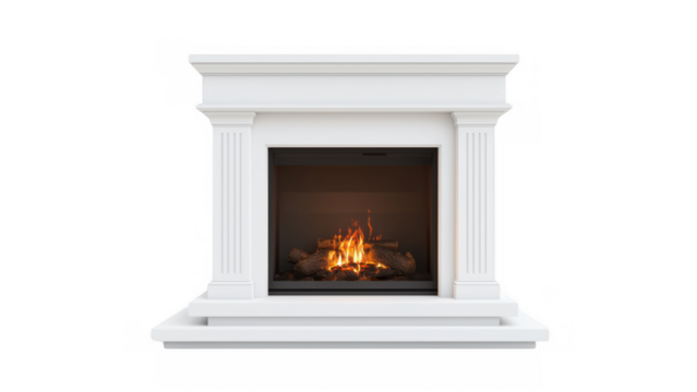 Inviting modern white fireplace with warm fire, created AI, PNG