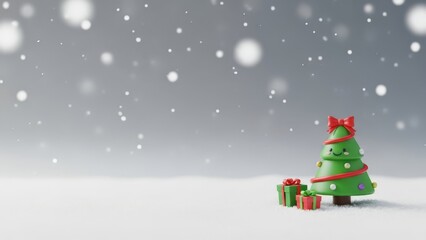 A cartoon christmas tree with a red bow and gifts in the snow with falling snowflakes background