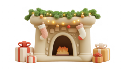 A festive fireplace adorned with stockings and presents, AI, PNG