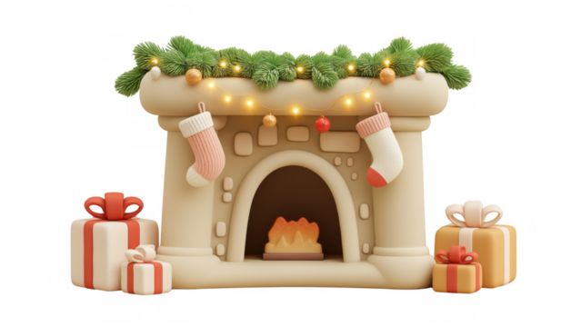 A festive fireplace adorned with stockings and presents, AI, PNG