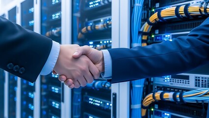 Two businessmen shaking hands in a modern glowing data center