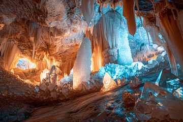 Magical Subterranean Crystal Cavern with Glowing Mineral Formations in Underground Cave.