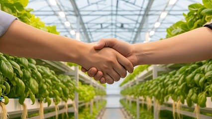 Two hands shaking over hydroponic rows of green leafy plants in a greenhouse