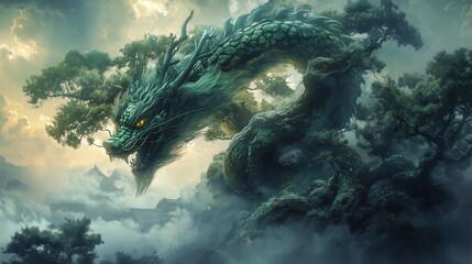 Majestic dragon emerges from ancient trees fantasy landscape digital art surreal environment aerial view mythical concept