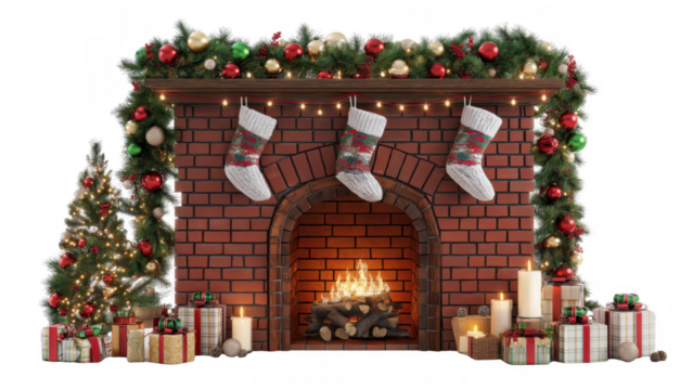 Brick fireplace with garland, stockings, candles, created AI, PNG
