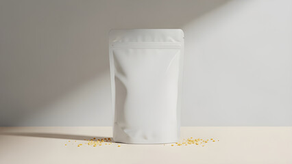 Modern pouch packaging mockup for your brand presentation with delicate light and minimalist design