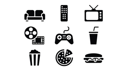 A collection of icons representing home entertainment and snacks.