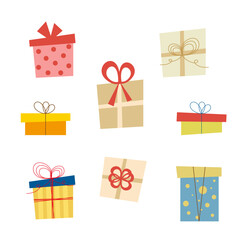 リボンやパッケージがかわいいギフトボックスのイラストセット