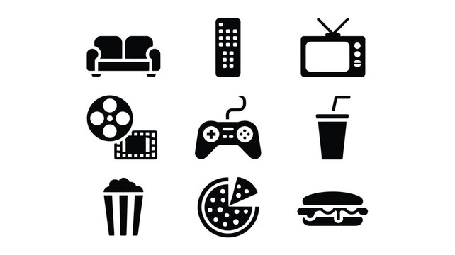 A collection of icons representing home entertainment and snacks.