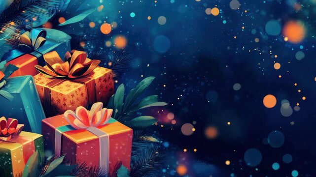 Festive new year background with colorful gifts and sparkling bokeh lights, background with gifts for the new year, dynamic on the theme of Christmas and New Year