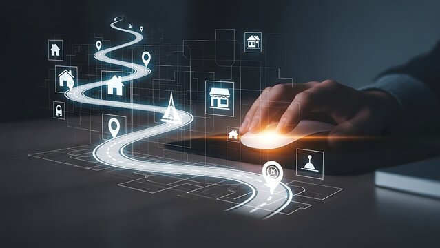 Hand Operating Computer Mouse Navigating a Winding Digital Road Map with GPS Location Pins and Property Icons Representing a Successful Real Estate Investment Journey or Business Logistics S