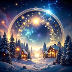 Fototapeta premium Enchanting Winter Village Under a Celestial Starry Sky.