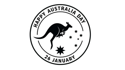 Black and white circular logo for Happy Australia Day on January 26, featuring a jumping kangaroo and stars representing the Southern Cross.