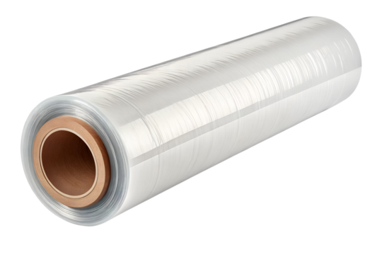 Large Roll of Clear Plastic Cling Film or Shrink Wrap with Cardboard Core Isolated on White